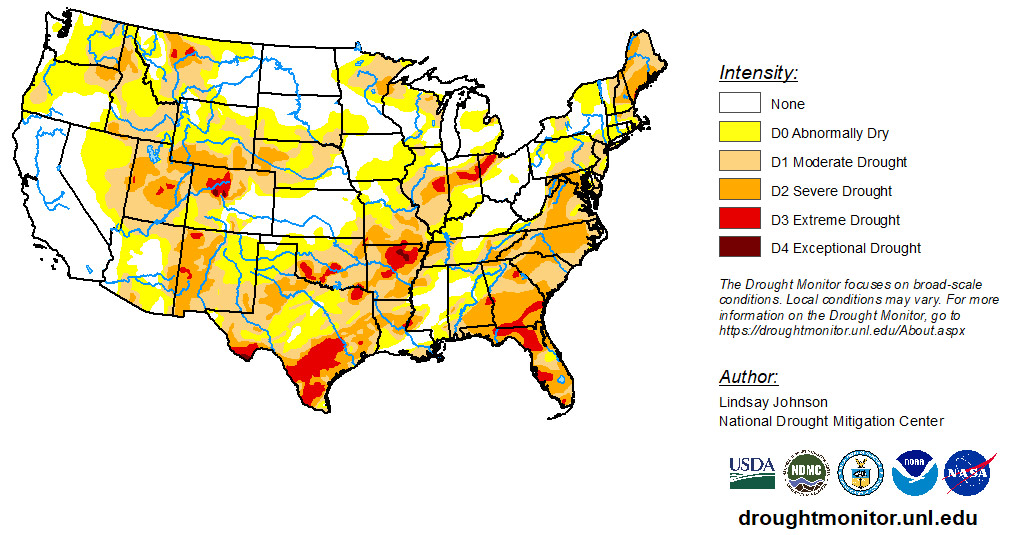 Map showing drought intensities across the United States